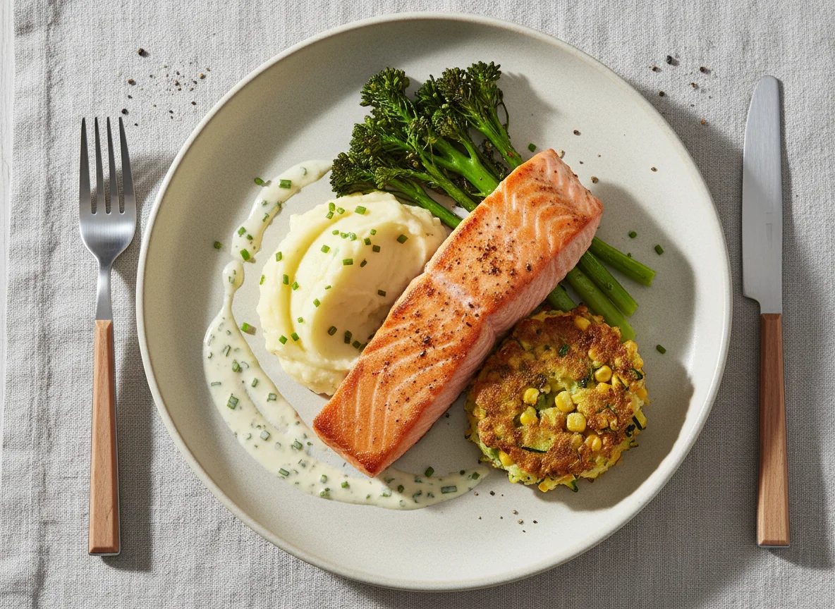 Salmon, Mash, Broccolini and Fritter photo