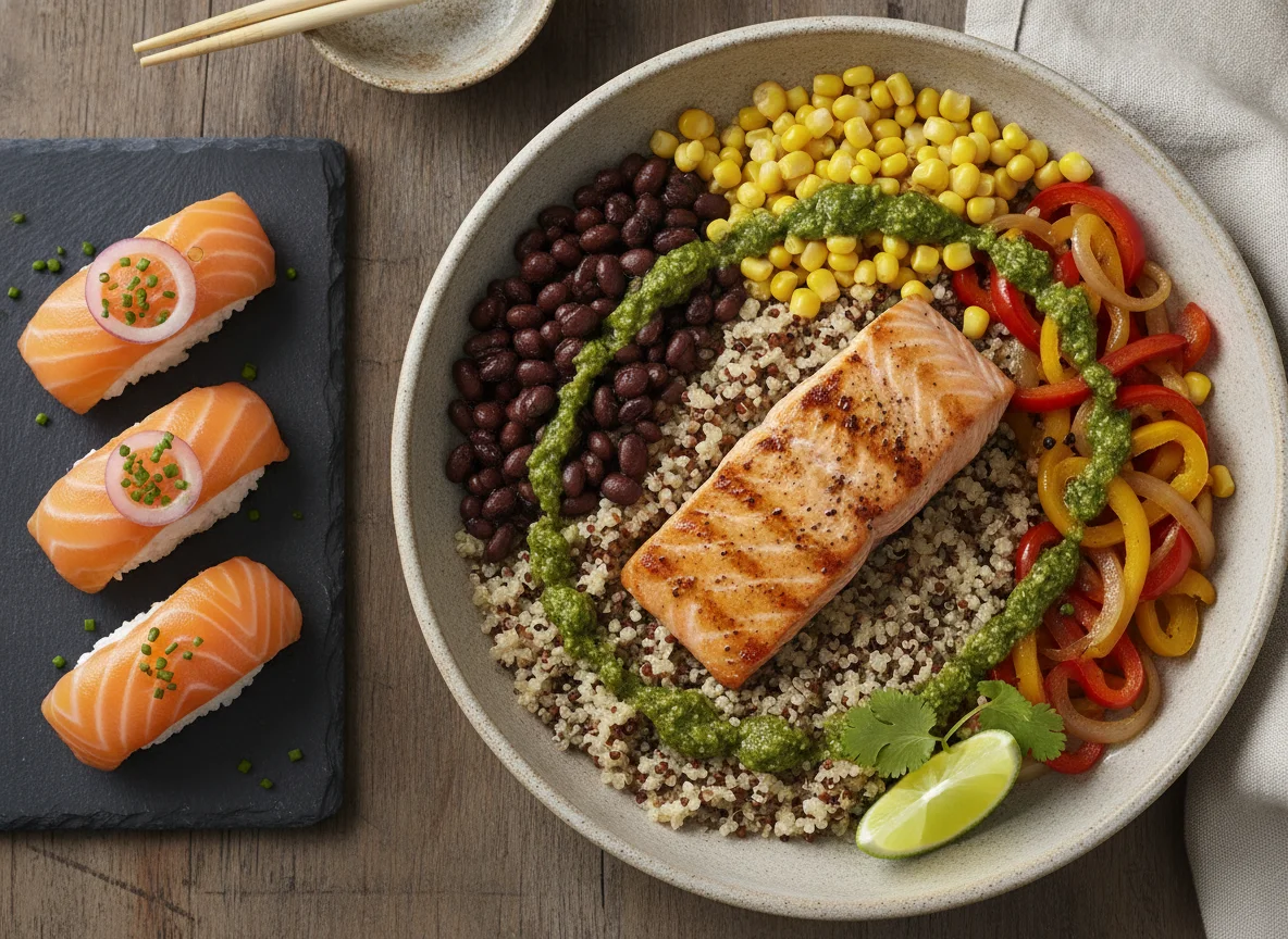 Salmon Nigiri and Quinoa Salmon Bowl photo