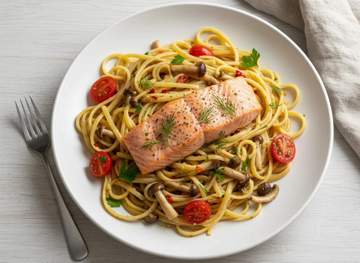 Salmon Pasta with Cherry Tomatoes and Mushrooms photo