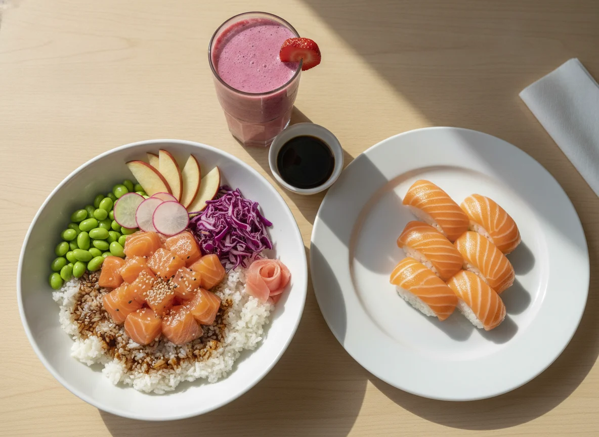 Salmon Poke Bowl and Salmon Nigiri Sushi Set photo