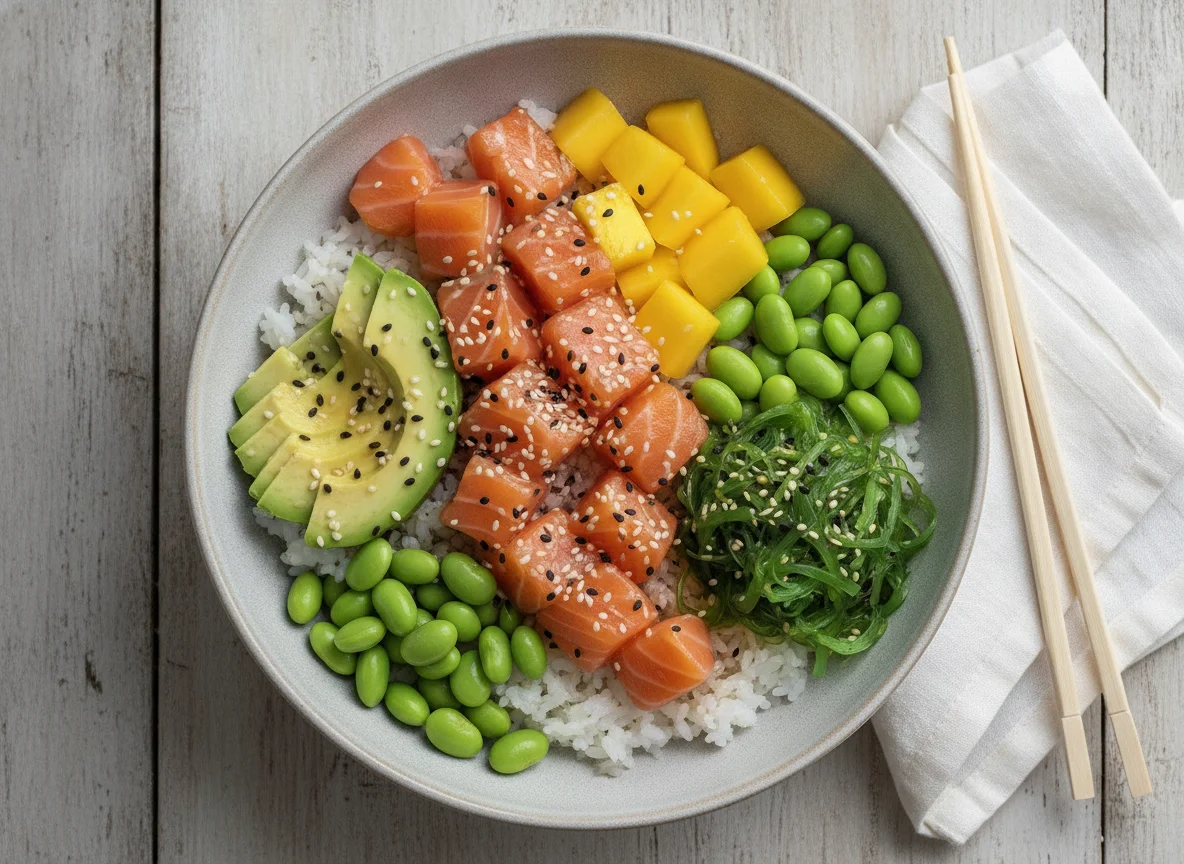 Salmon Poke Bowl with Avocado and Mango photo