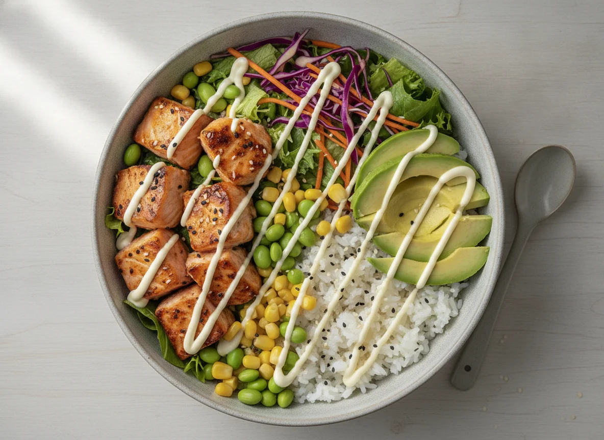 Salmon Poke Bowl with Avocado and Mayo photo