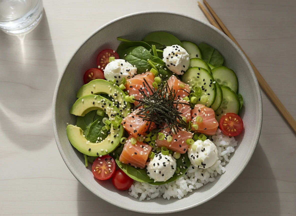 Salmon Poke Bowl with Avocado and Vegetables photo