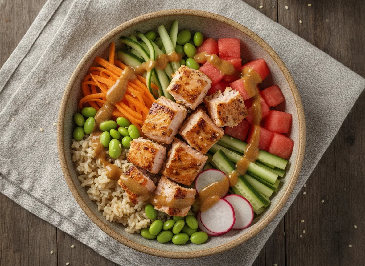 Salmon Poke Bowl with Brown Rice and Vegetables photo
