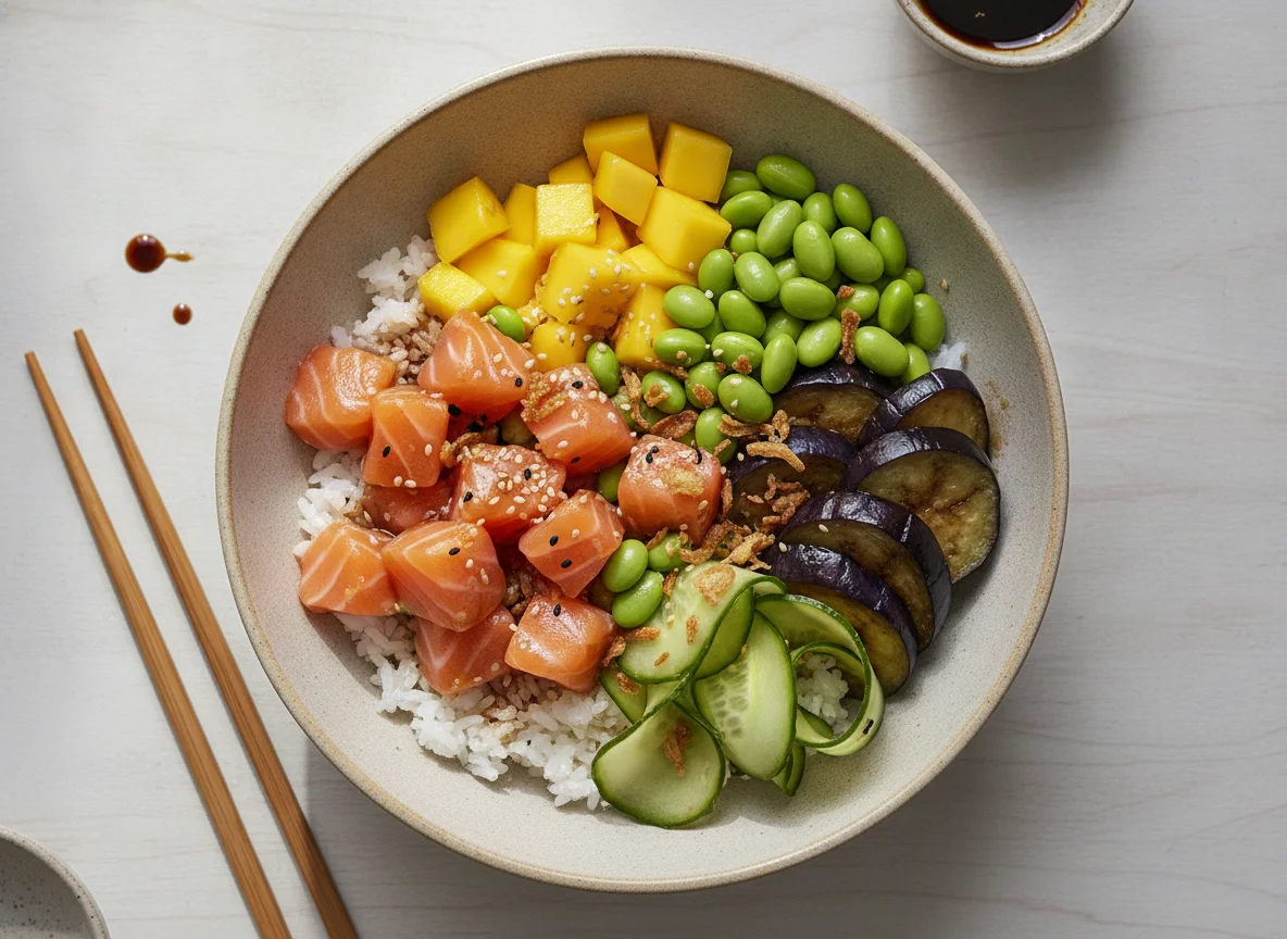 Salmon Poke Bowl with Mango and Edamame photo
