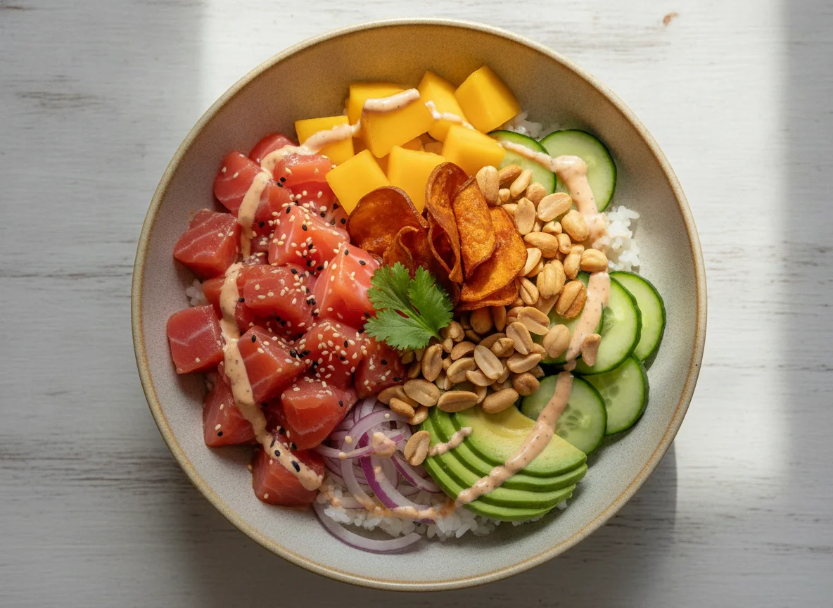 Salmon Poke Bowl with Mango and Peanuts photo
