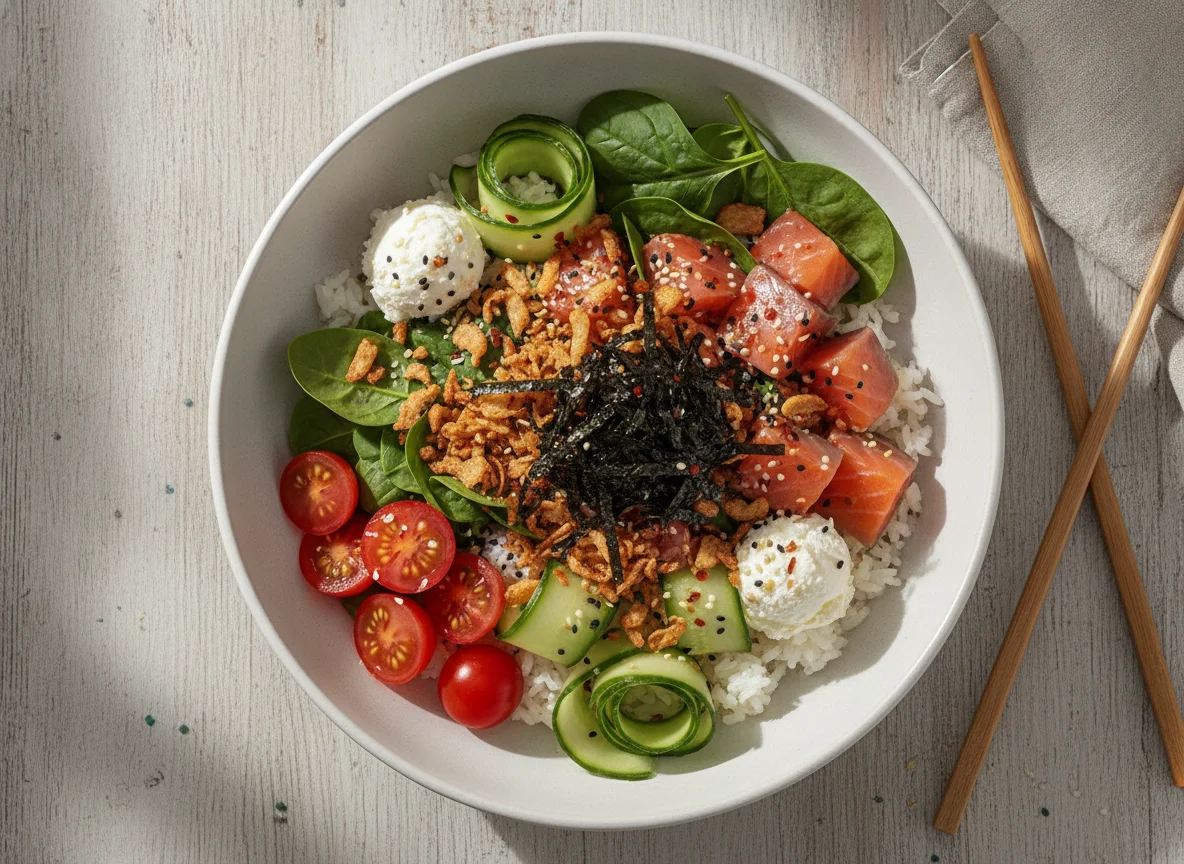 Salmon Poke Bowl with Rice and Fried Onion photo