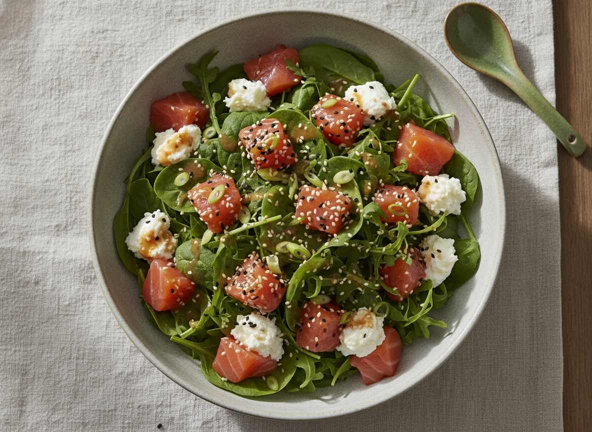 Salmon Poke Bowl with Spinach and Cream Cheese photo