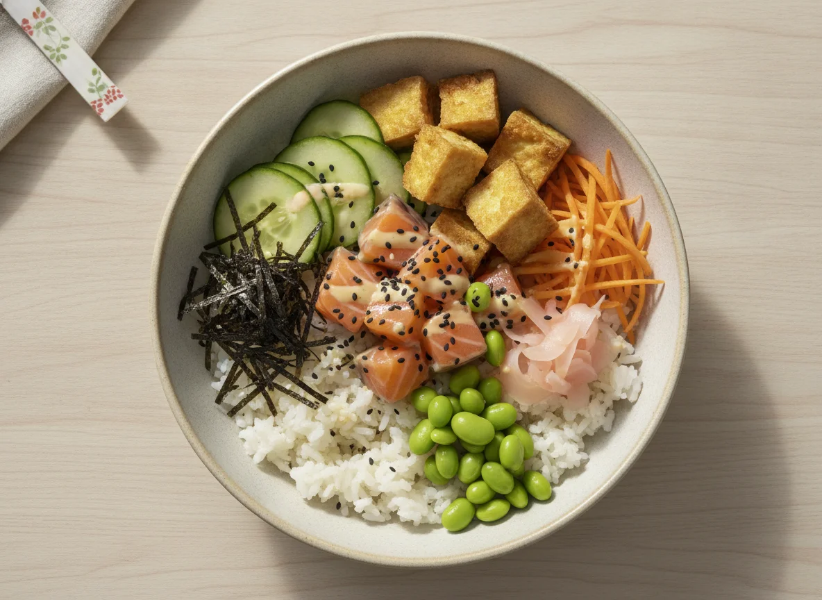Salmon Poke Bowl with Tofu and Vegetables photo