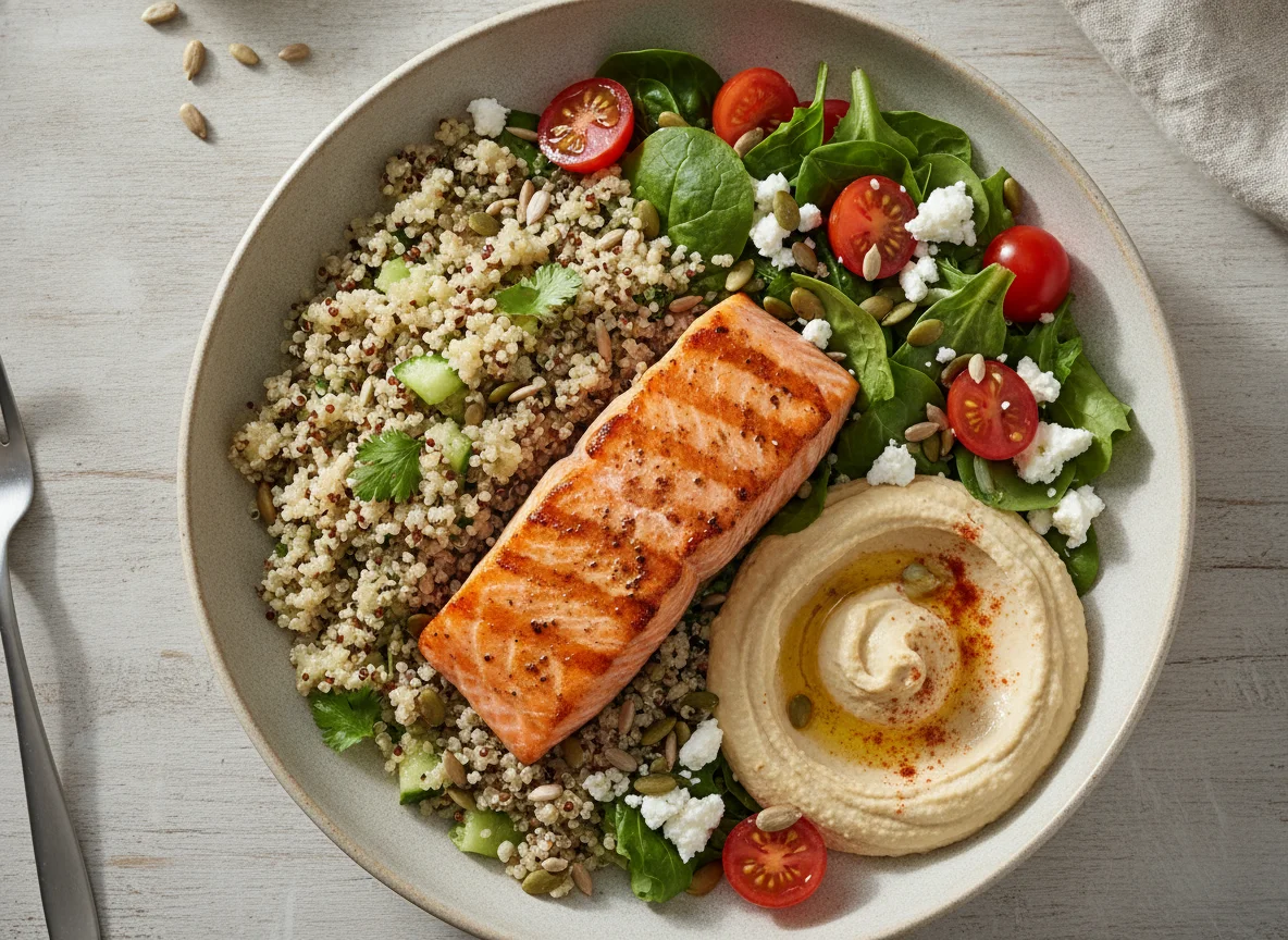 Salmon Quinoa Salad with Hummus and Seeds photo