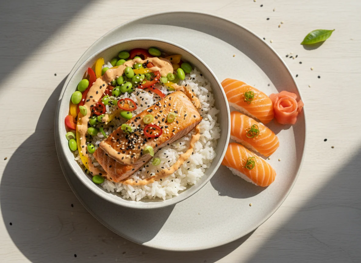 Salmon Rice Bowl and Salmon Nigiri photo