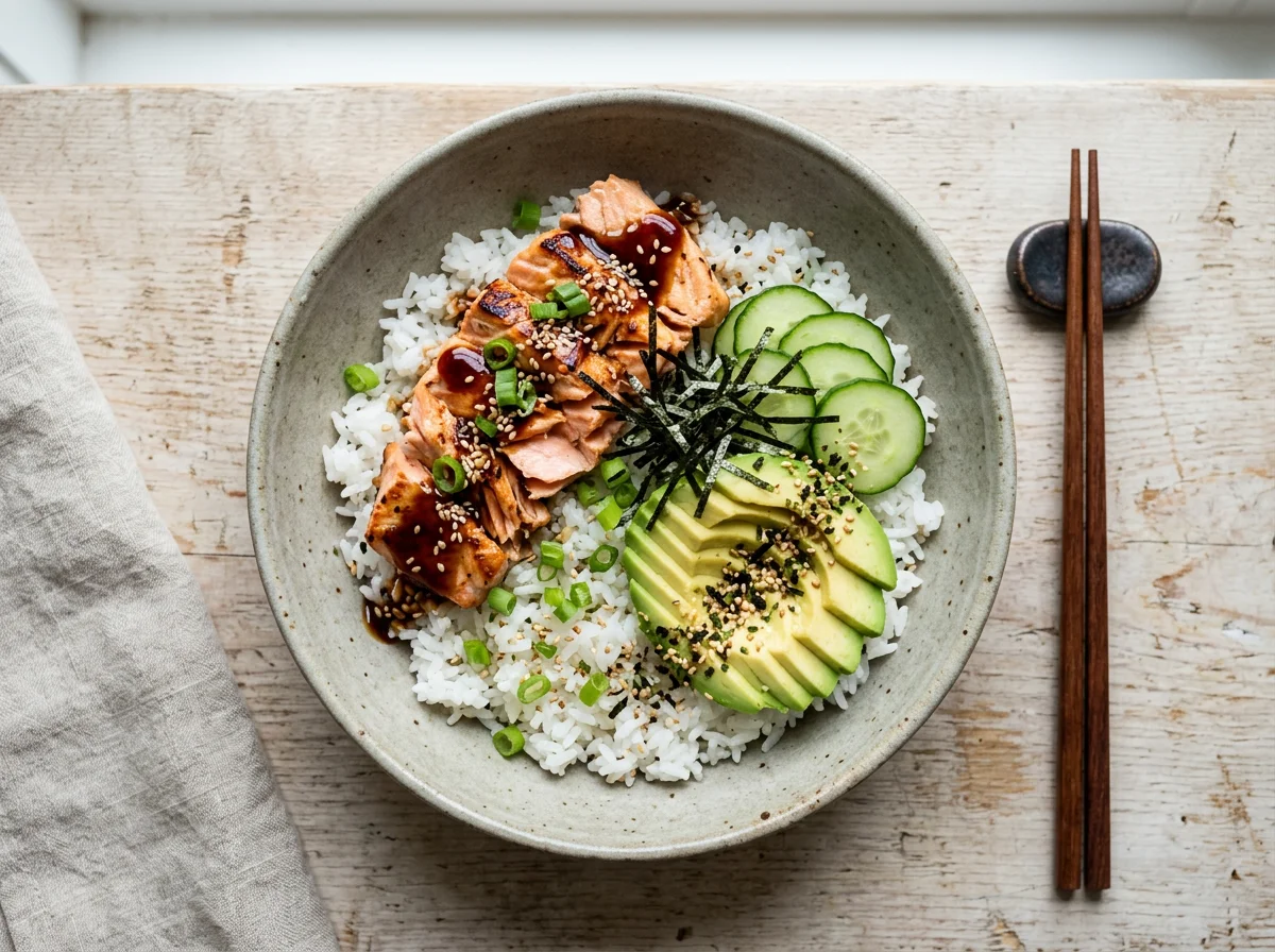 Salmon Rice Bowl with Avocado and Cucumber photo