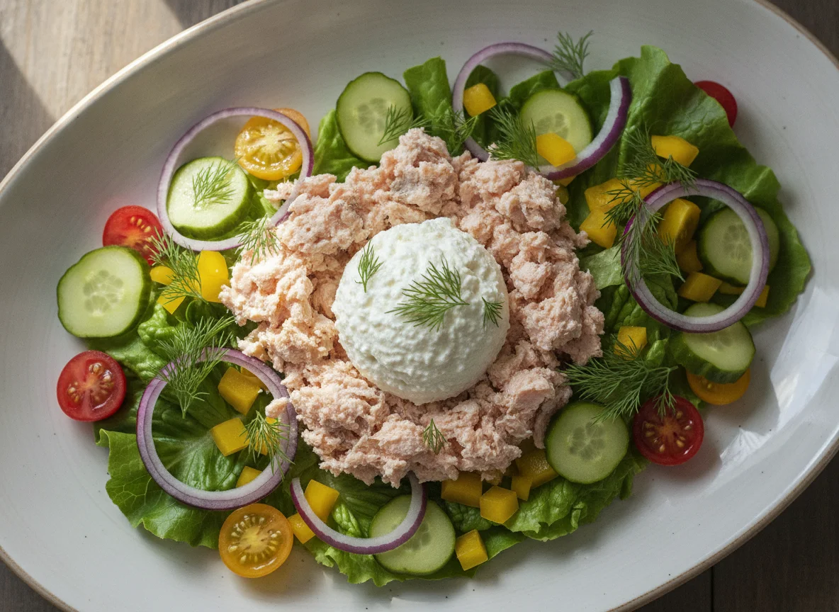 Salmon salad with cottage cheese and vegetables photo