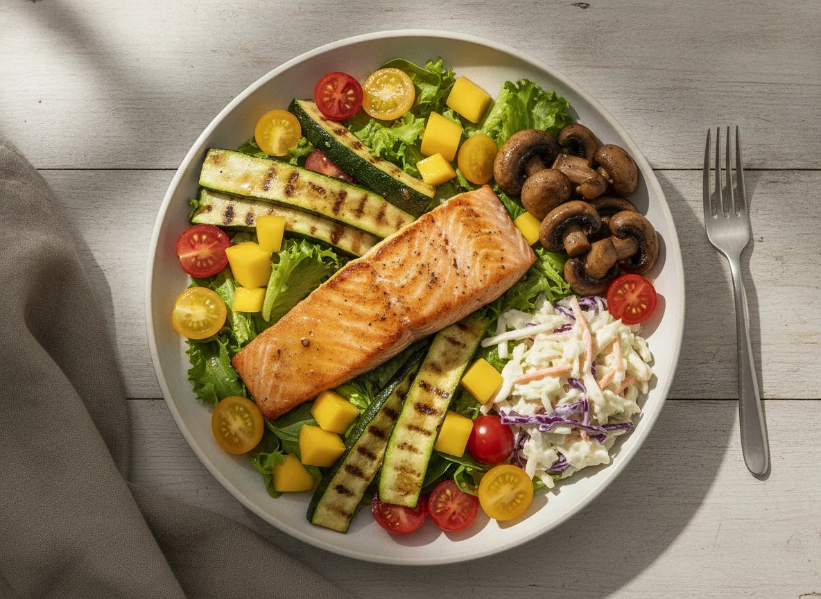 Salmon salad with grilled zucchini and vegetables photo
