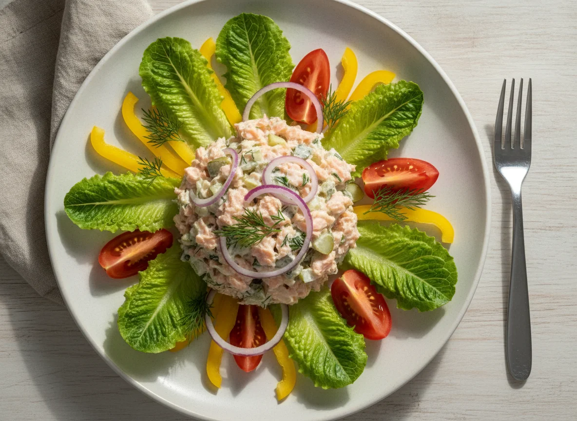 Salmon salad with lettuce, peppers and tomatoes photo