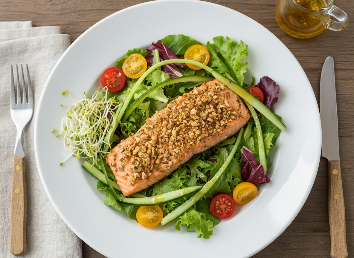 Salmon salad with nut crust photo