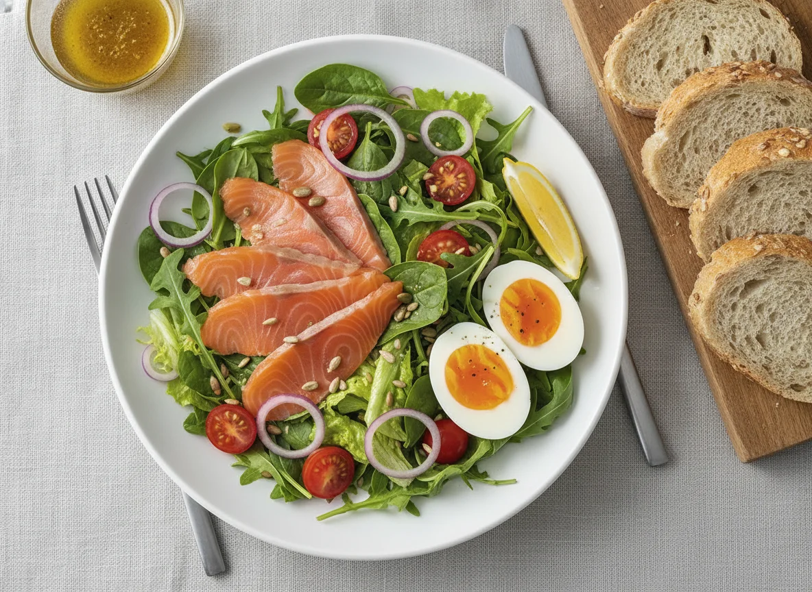 Salmon salad with whole grain bread and egg photo