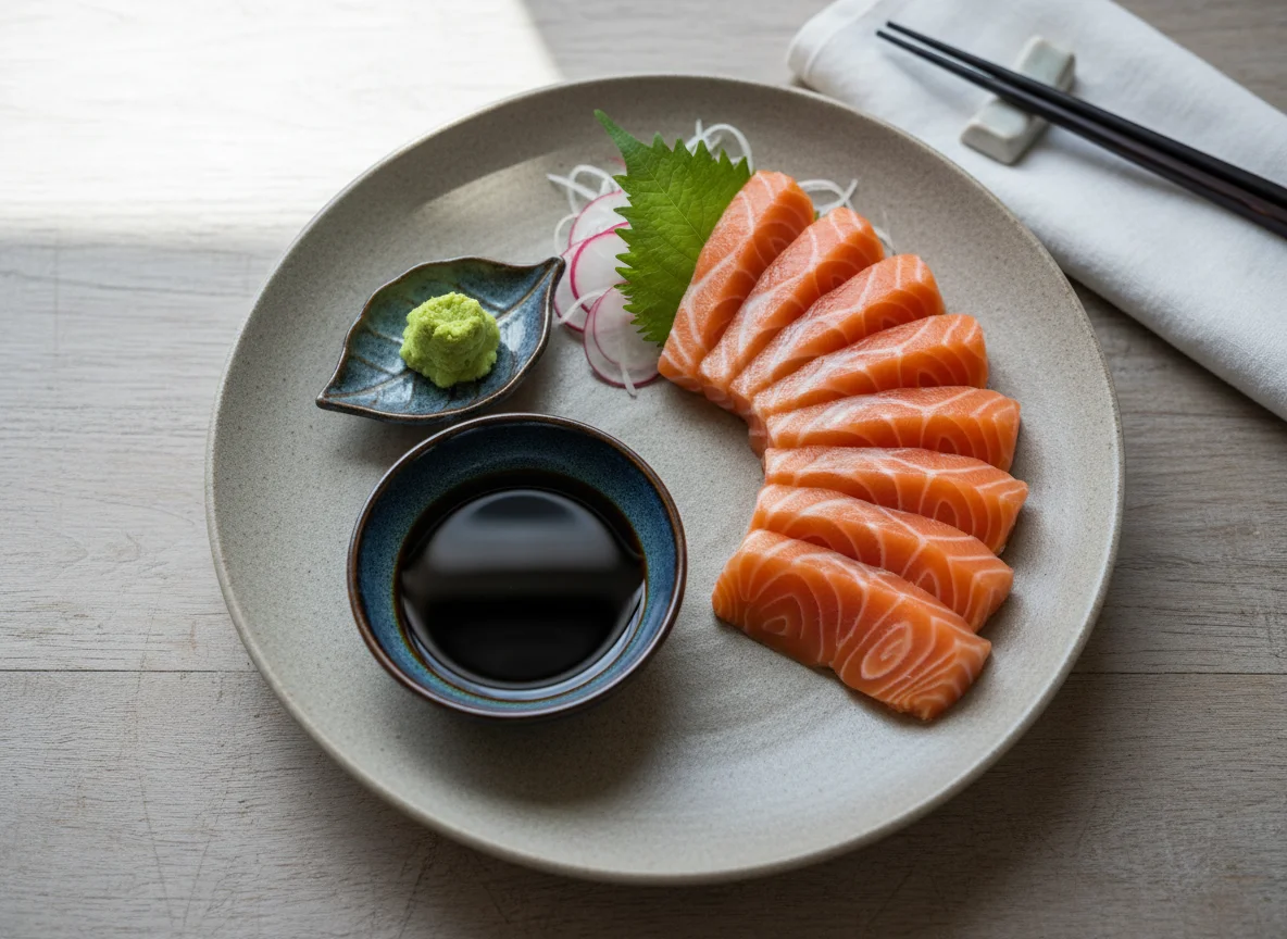 Salmon Sashimi with Wasabi and Soy Sauce photo