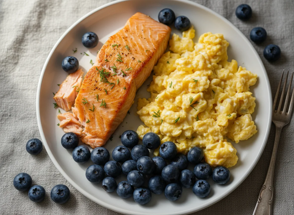 Salmon, Scrambled Eggs, and Blueberries photo