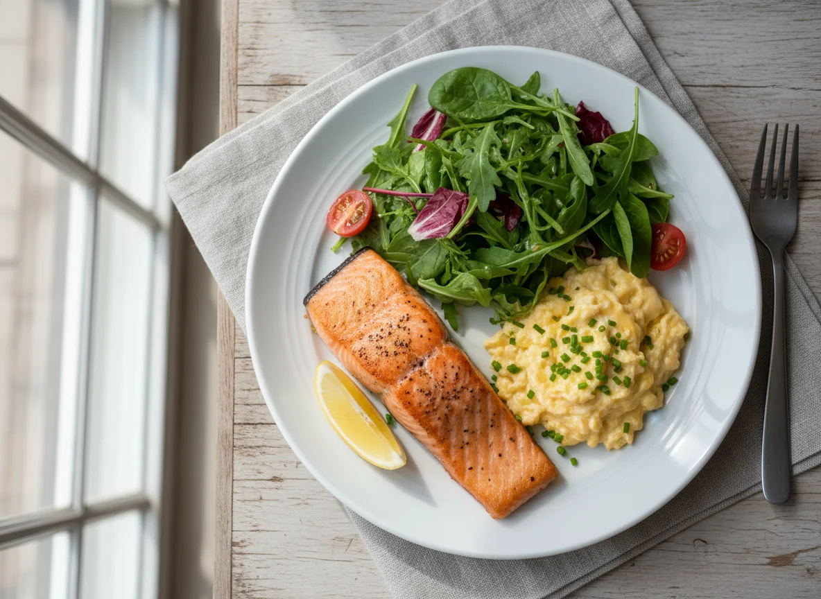 Salmon, Scrambled Eggs, and Mixed Green Salad photo
