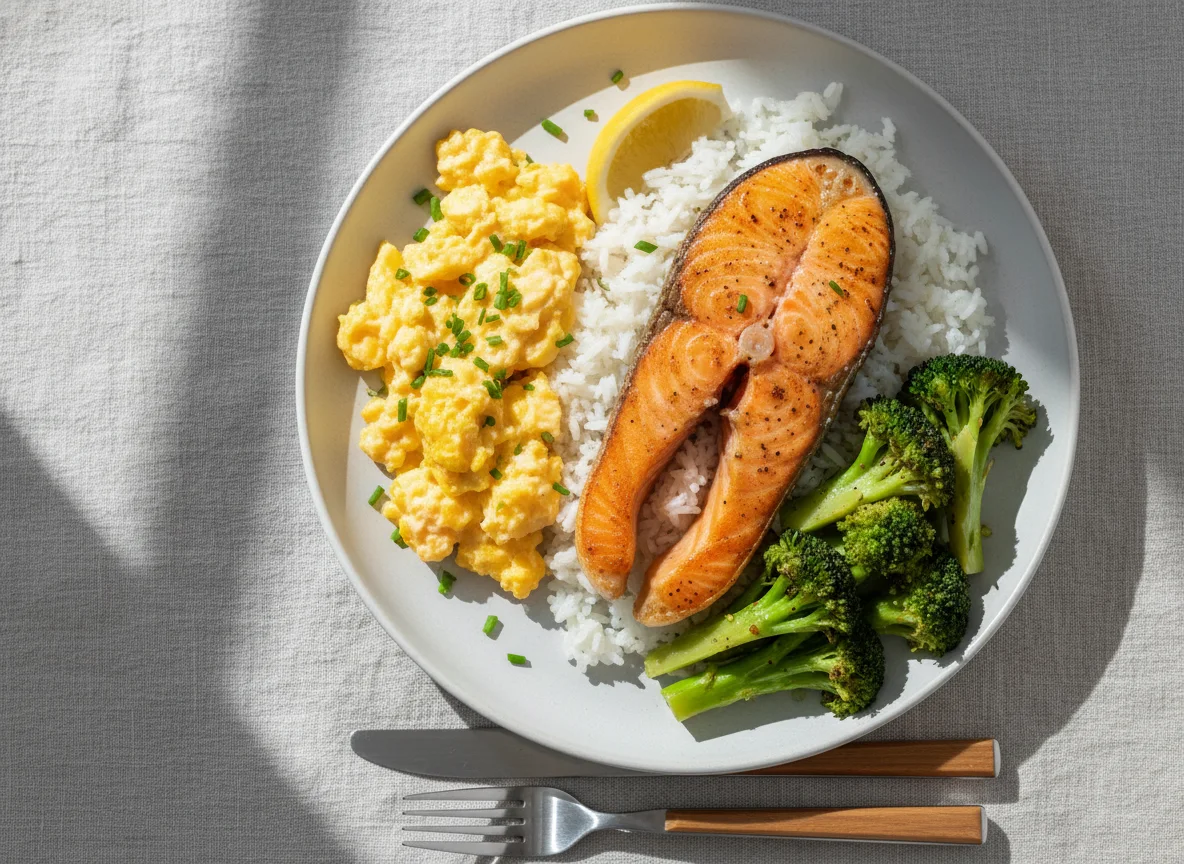 Salmon, Scrambled Eggs, Rice and Broccoli Meal photo