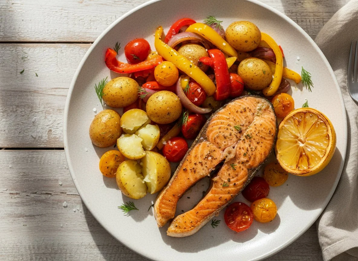 Salmon steak with roasted potatoes and vegetables photo