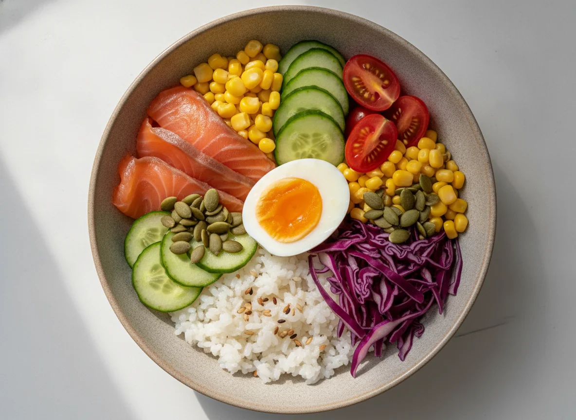 Salmon Sushi Bowl with Egg and Vegetables photo