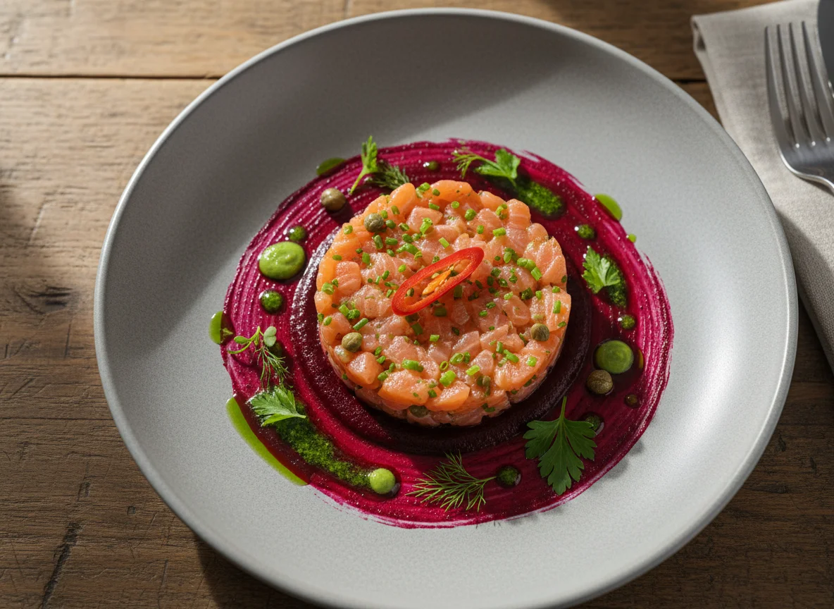 Salmon Tartare with Beetroot Puree and Herb Oil photo