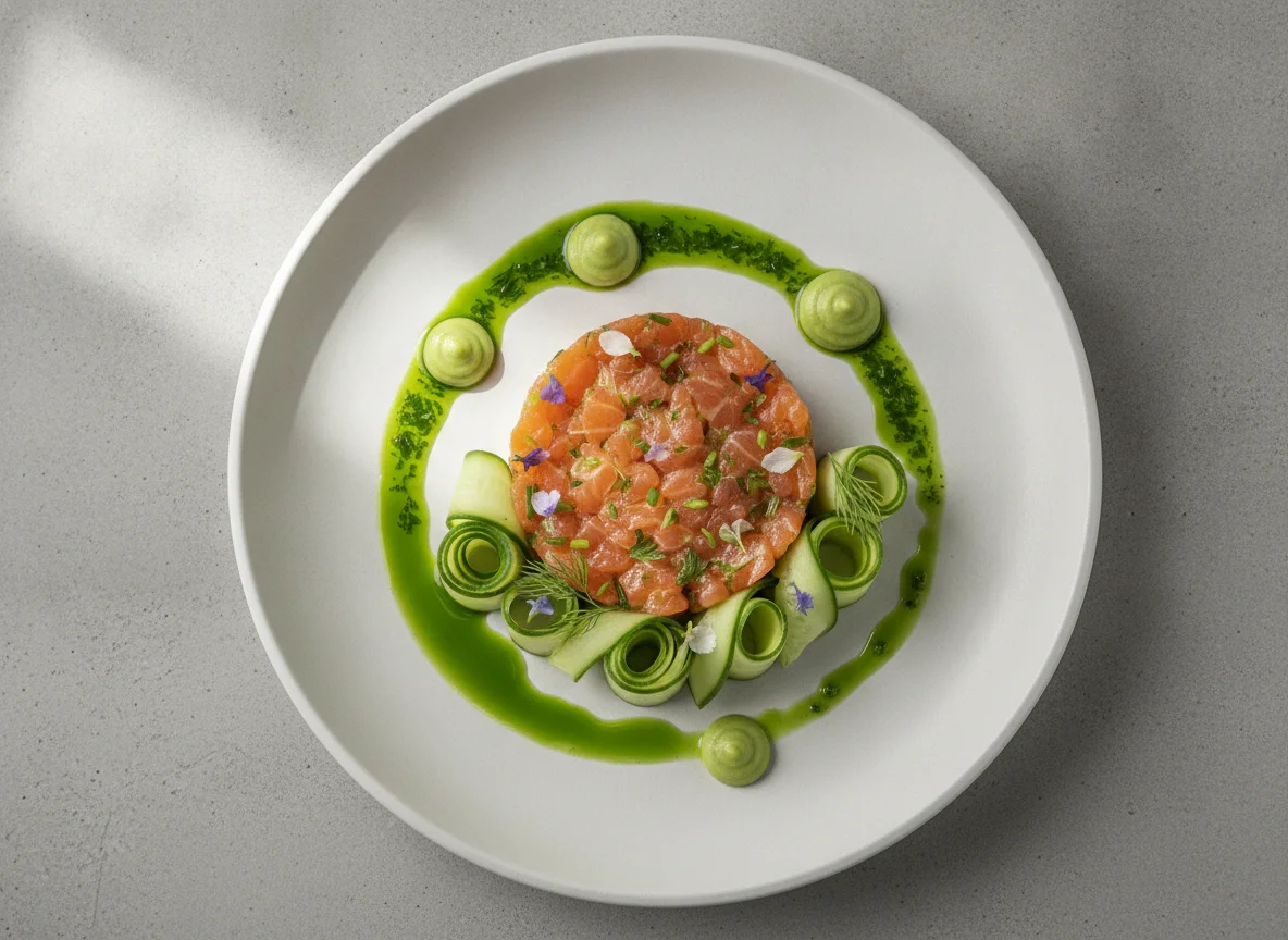 Salmon Tartare with Cucumber and Herb Oil photo
