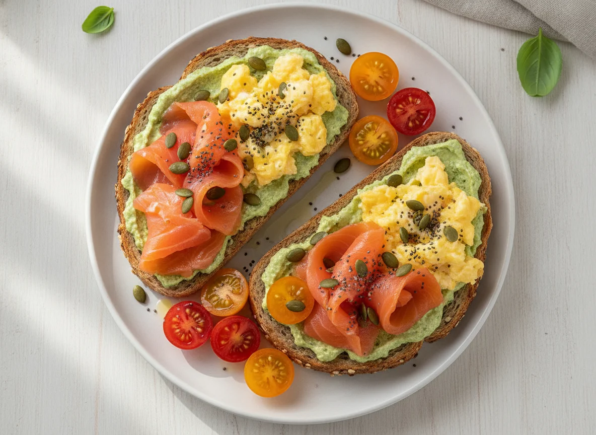 Salmon toast with scrambled eggs and tomatoes photo