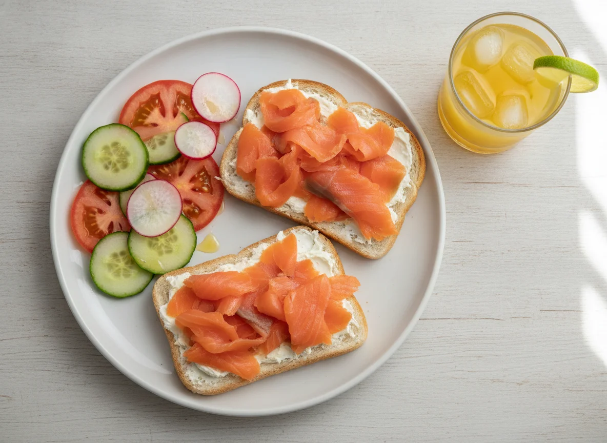 Salmon toast with tomato and cucumber radish salad photo
