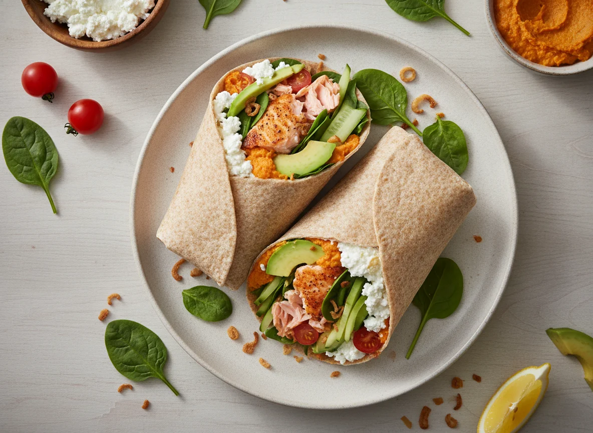 Salmon tortilla wrap with spreads and vegetables photo