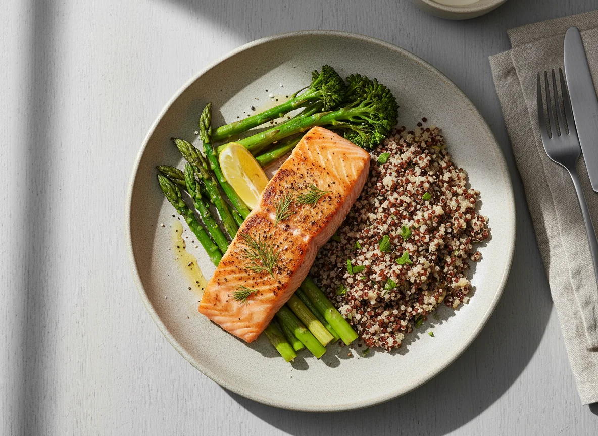 Salmon with Asparagus, Broccolini and Quinoa photo