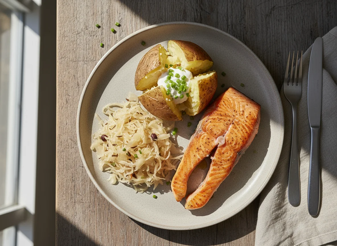 Salmon with Baked Potato and Sauerkraut photo