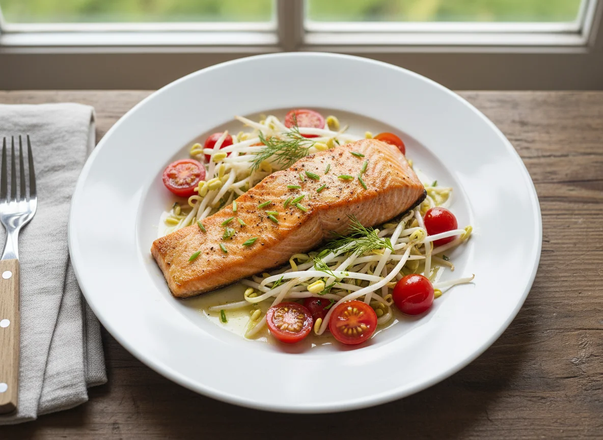 Salmon with Bean Sprouts and Cherry Tomatoes photo