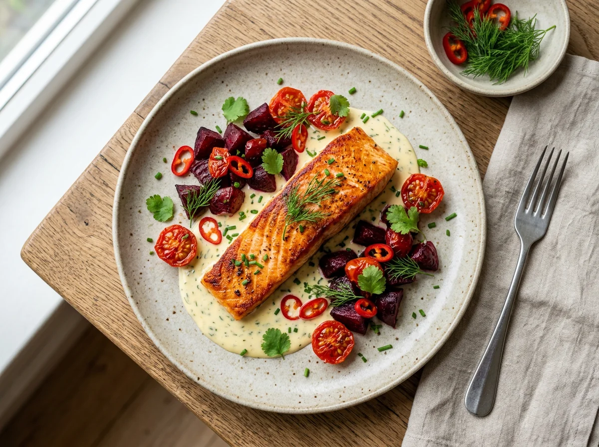 Salmon with Beetroot and Cherry Tomatoes photo