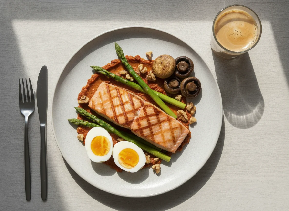 Salmon with Boiled Eggs, Asparagus, and Walnuts photo