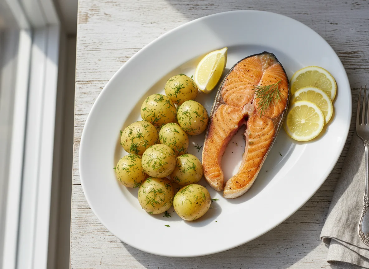 Salmon with boiled potatoes and lemon photo