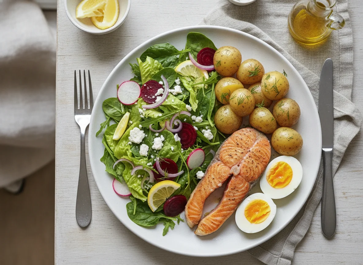 Salmon with boiled potatoes and mixed salad photo
