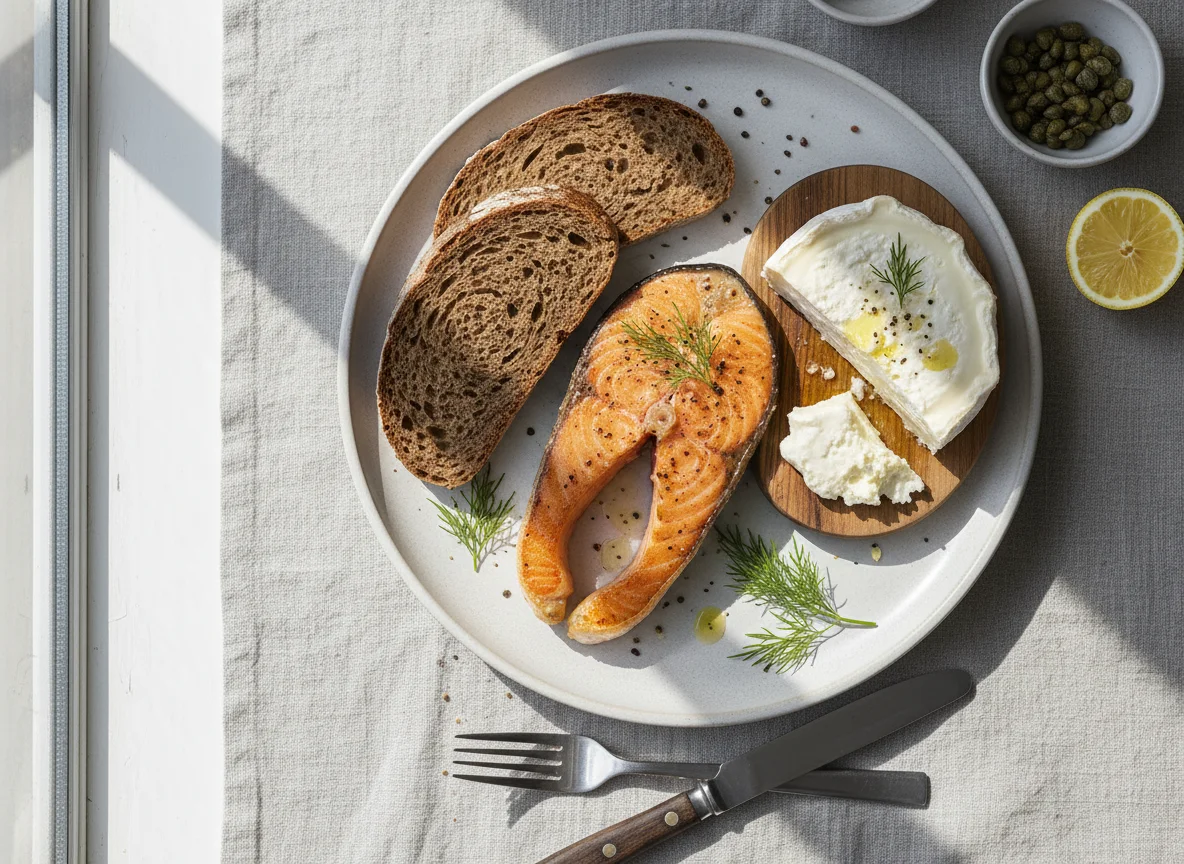 Salmon with bread and cheese photo