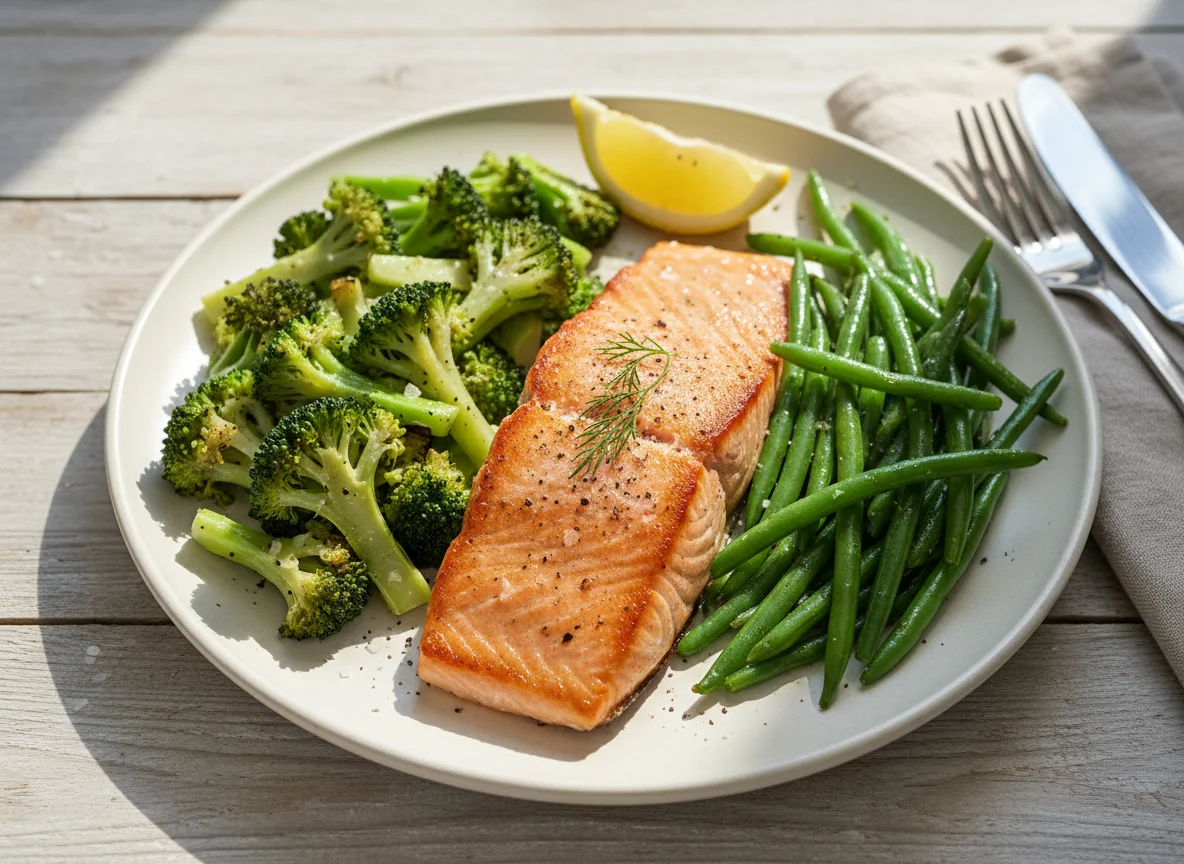 Salmon with Broccoli and Green Beans photo