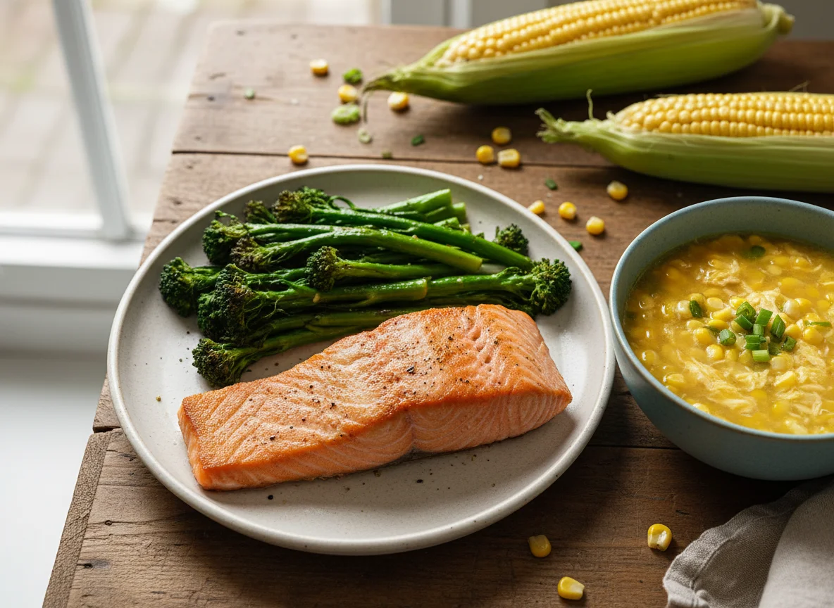 Salmon with Broccolini and Corn Egg Drop Soup photo