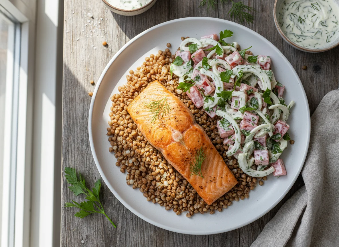 Salmon with Buckwheat and Creamy Salad photo