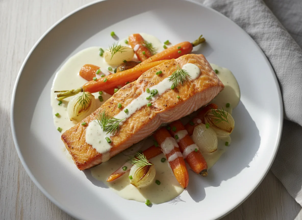 Salmon with Carrots, Onions and Sauce photo