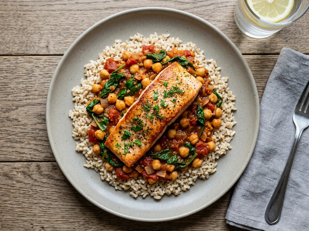 Salmon with Chickpea and Spinach Stew over Rice photo