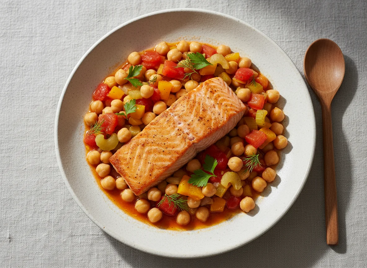 Salmon with Chickpea and Vegetable Stew photo