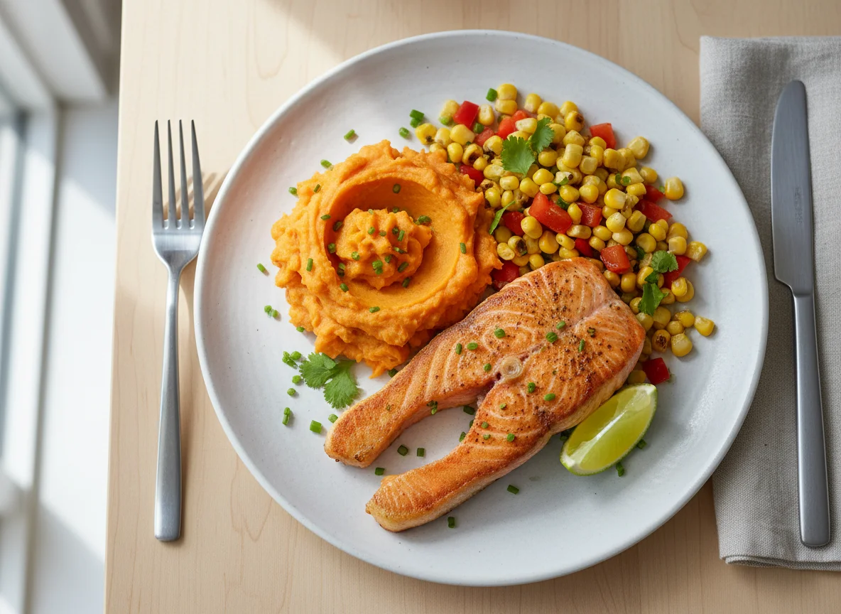 Salmon with Corn and Mashed Sweet Potato photo