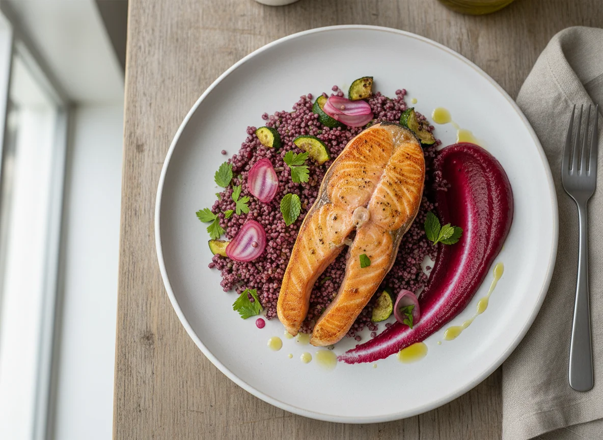 Salmon with courgette and beetroot couscous photo