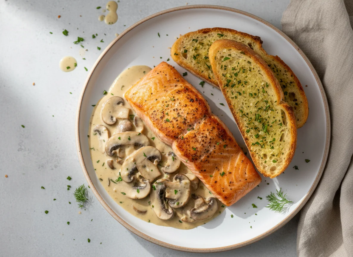 Salmon with Creamy Mushroom Sauce and Garlic Bread photo