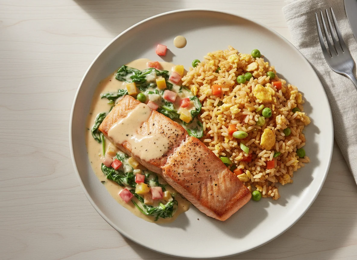 Salmon with Creamy Sauce and Fried Rice photo
